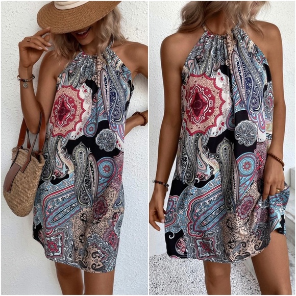 Boho Floral Paisley Halter Mini Dress - Picture 6 of 13